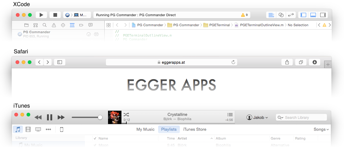 Yosemite titlebars of XCode, Safari and iTunes