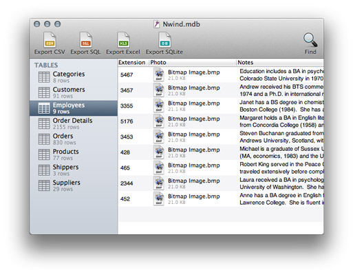 Screenshot of MDB Viewer showing the NWind database