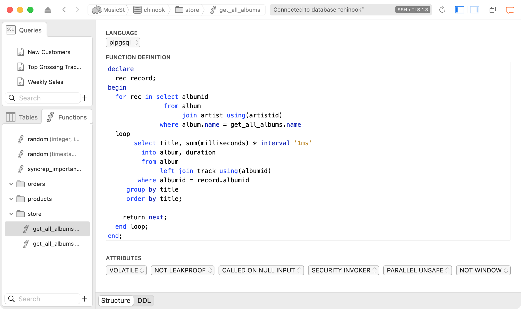 Screenshot of the Function Editor in Postico 2