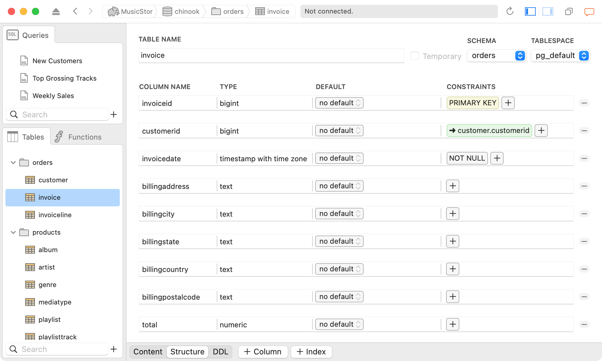 Screenshot of the Table Structure Editor in Postico 2